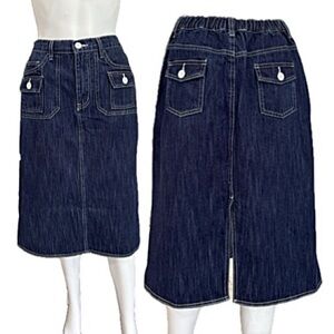 Nolita Dark Denim Midi Skirt Womens Size M Cargo Pocket Elastic Waist A-Line Y2K